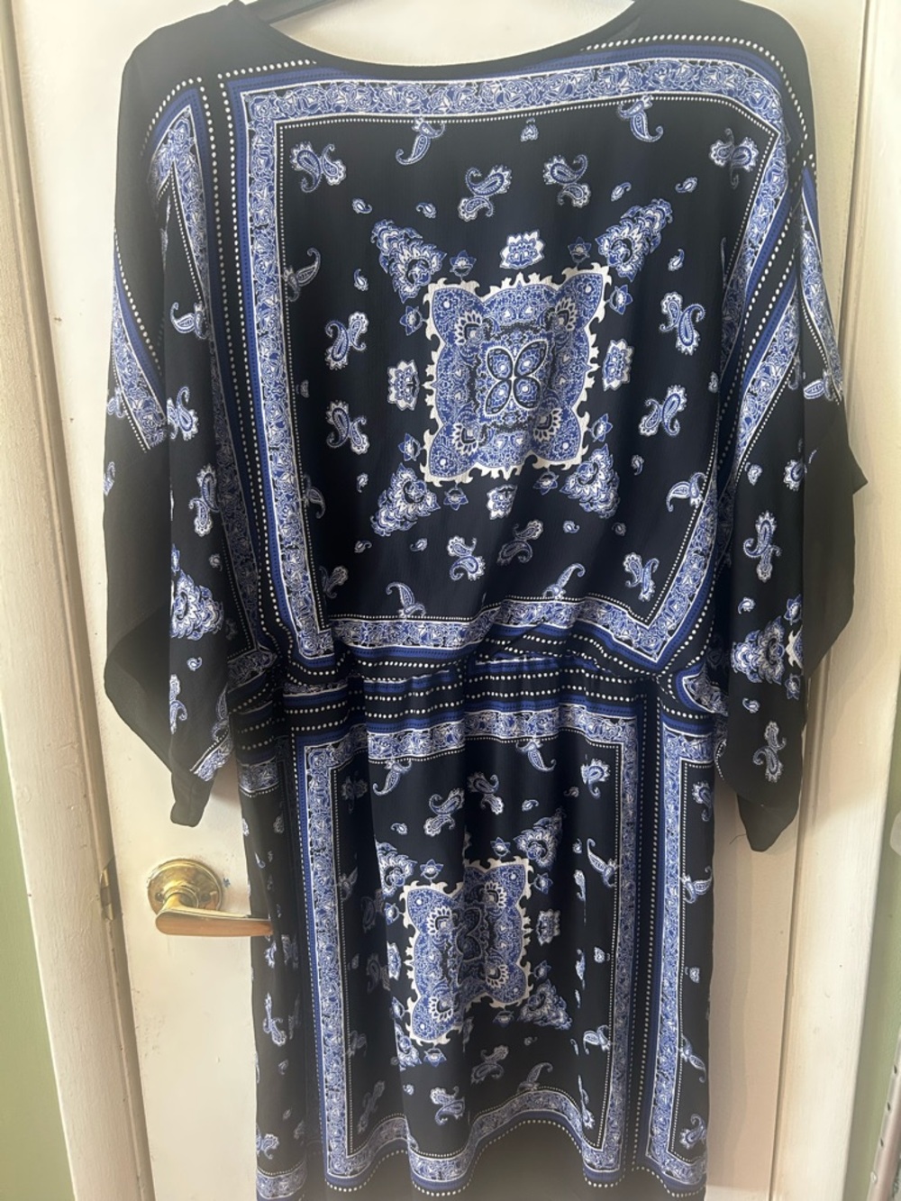 SLNY 14W Black Blue White Paisley Print Tunic Dress Dolman Sleeve